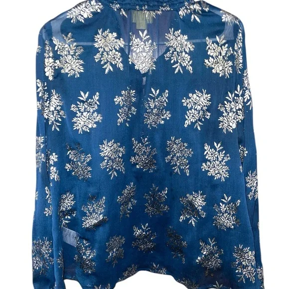 Maeve Anthropologie Navy Gold Floral Sheer Blouse medium - Picture 3 of 5